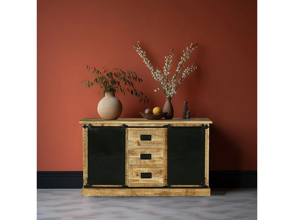 SUMATRA - Buffet 2 Portes 3 Tiroirs Manguier et Métal Noir