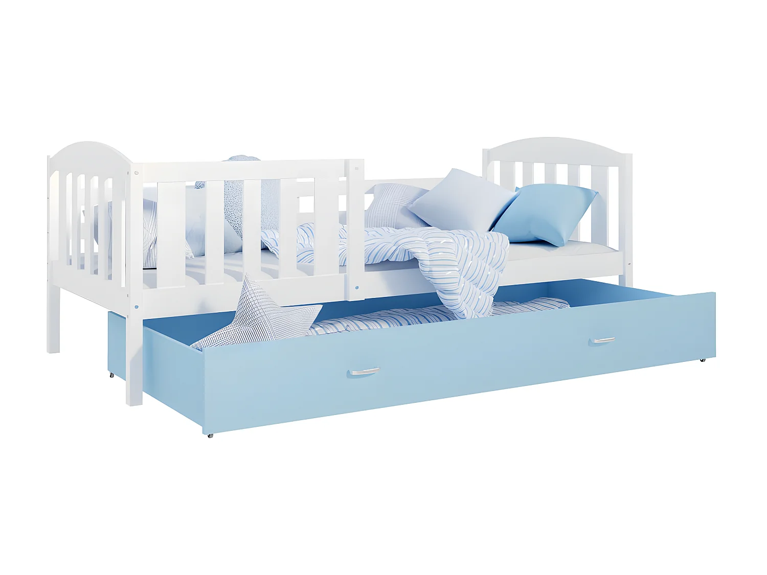 Lit Enfant Teo 90x190 Blanc - bleu Livré avec sommiers, tiroir et matelas en mousse de 7cm