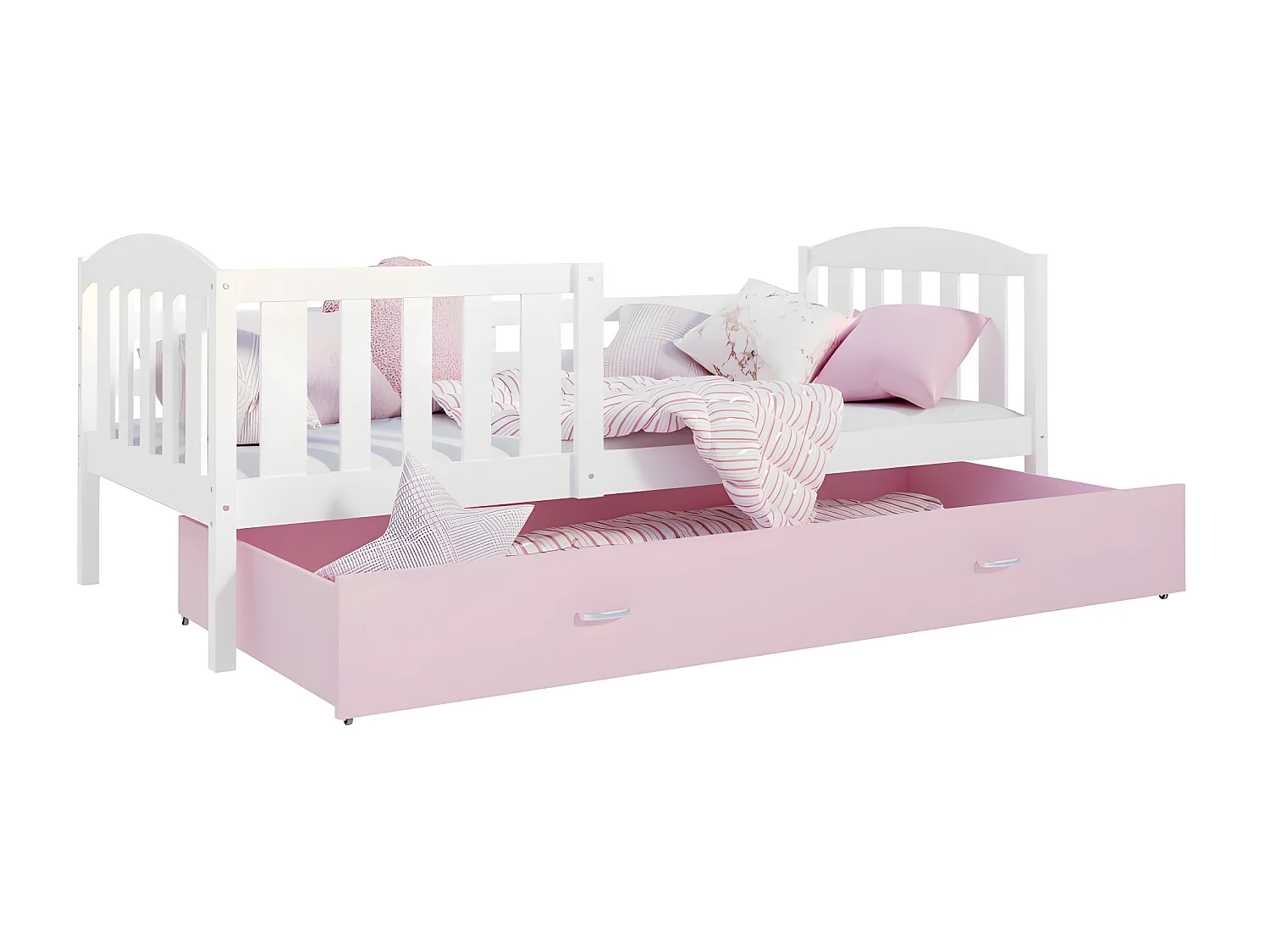 Lit Enfant Teo 90x190 Blanc - rose Livré avec sommiers, tiroir et matelas en mousse de 7cm