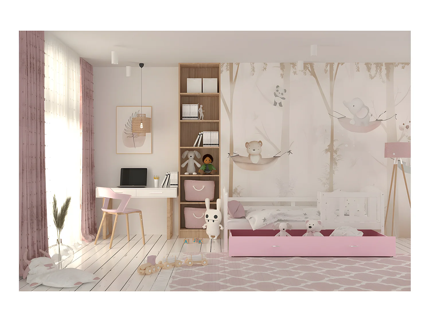 Lit Enfant Teo 90x190 Blanc - rose Livré avec sommiers, tiroir et matelas en mousse de 7cm