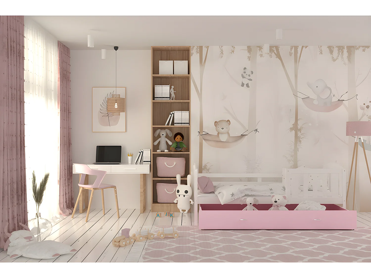 Lit Enfant Teo 90x190 Blanc - rose Livré avec sommiers, tiroir et matelas en mousse de 7cm