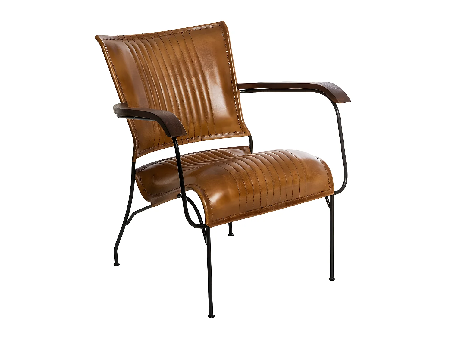 Fauteuil en Métal Noir et Cuir Cognac accoudoirs en Bois de Manguier