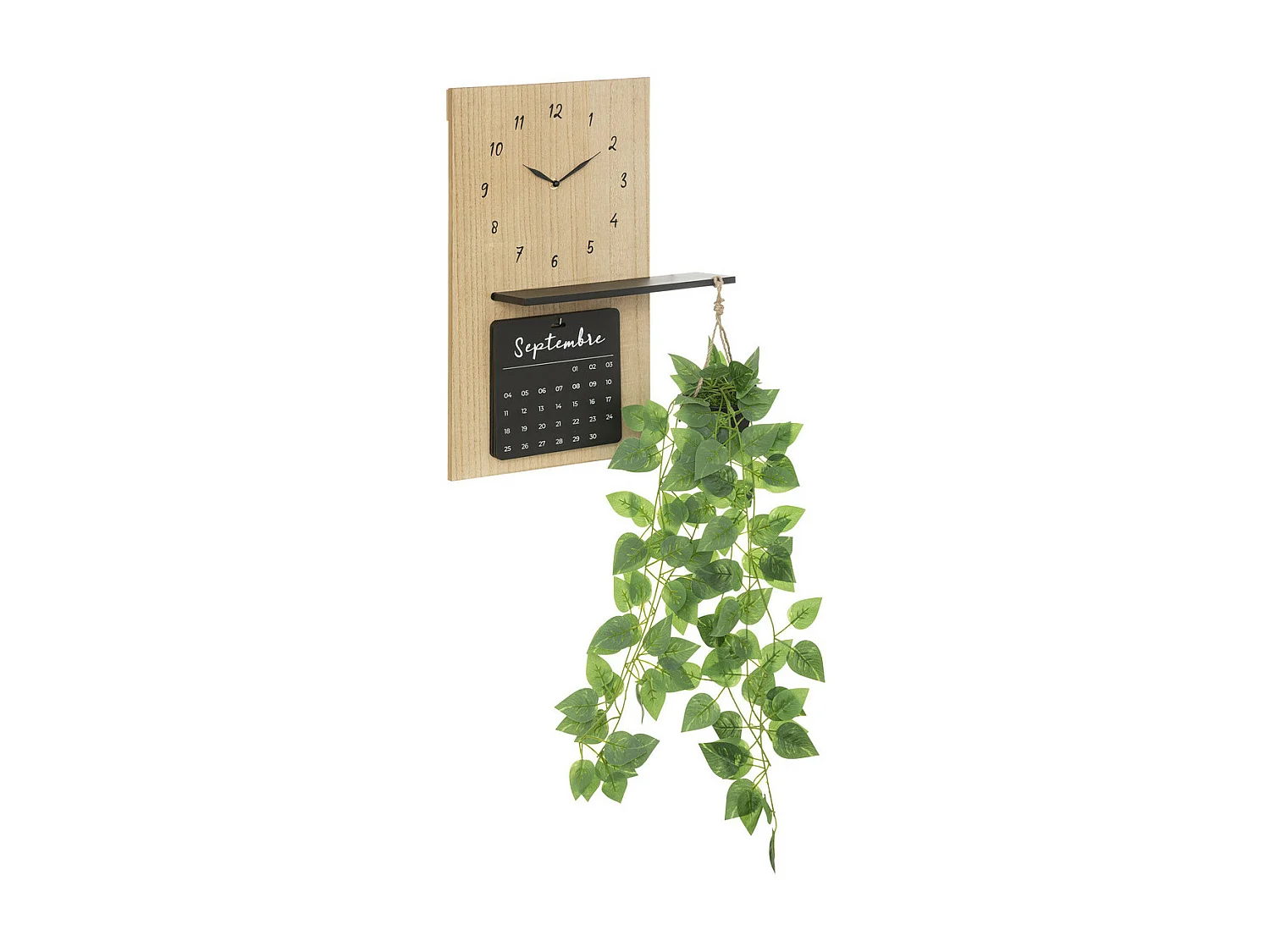Horloge murale avec calendrier et étagère plante H 60 cm