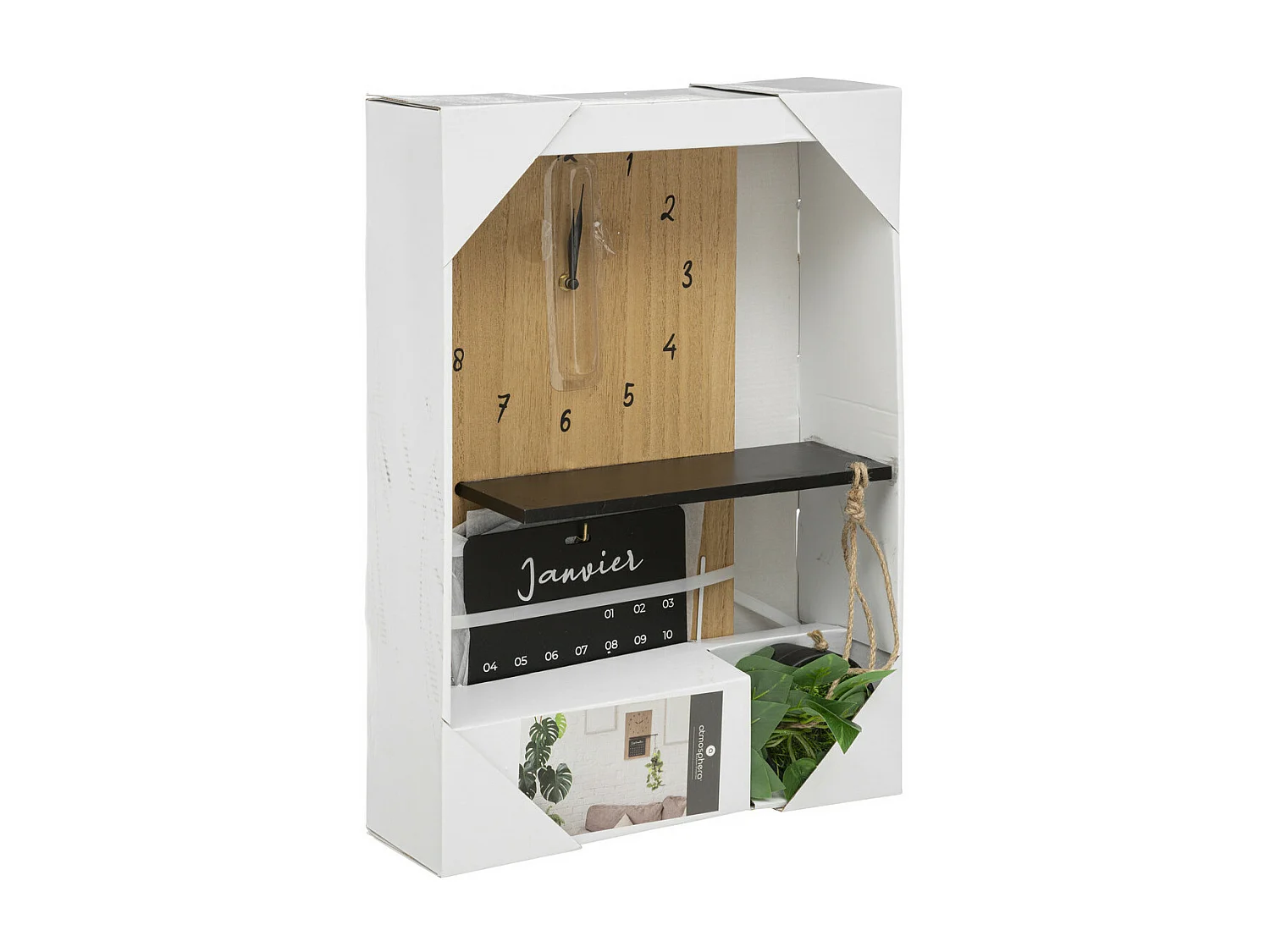 Horloge murale avec calendrier et étagère plante H 60 cm
