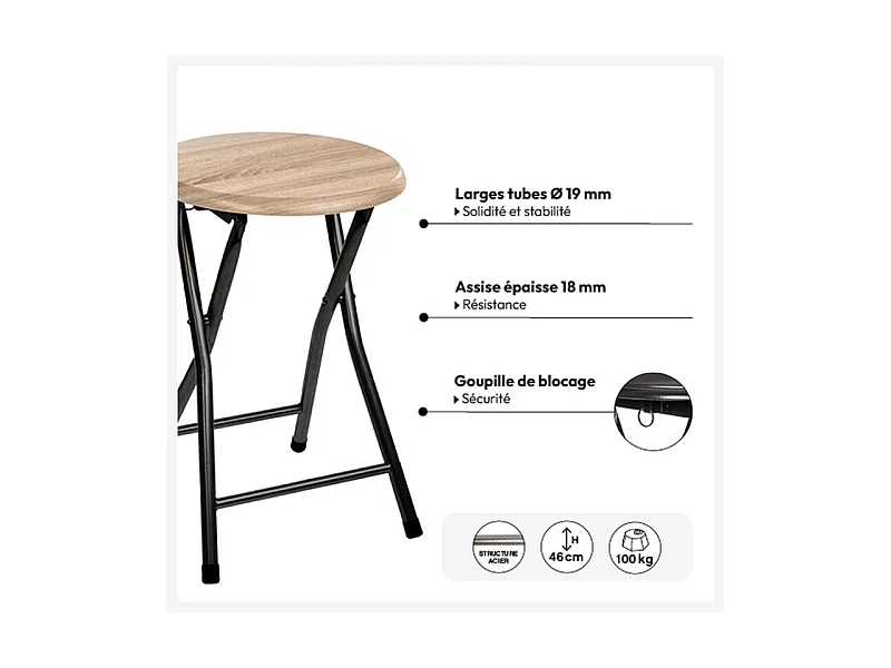 Tabouret pliant en Métal Noir et Bois