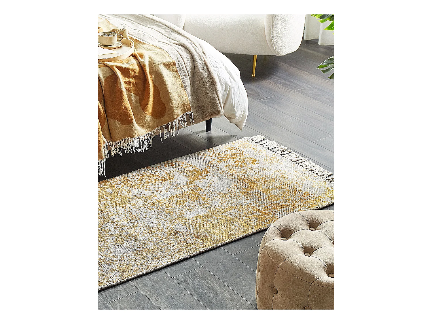 Teppich Viskose beige/gelb orientalisches Muster 80 x 150 cm mit Fransen Boyali