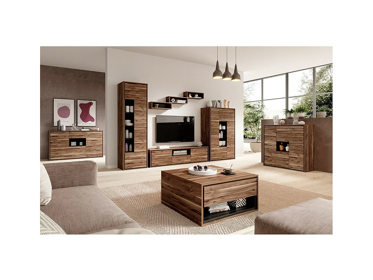 Design-Couchtisch mit 2 Schubladen und Ablagefächern - Kollektion SYLVA - Farbe Eiche und Grau