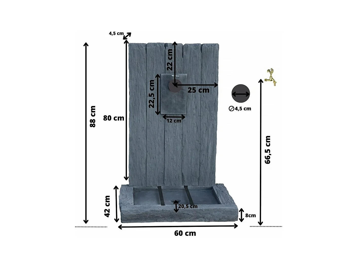 Fontaine "ARDOISE" - en pierre reconstituée - 59 x 44 x 87 cm - Gris