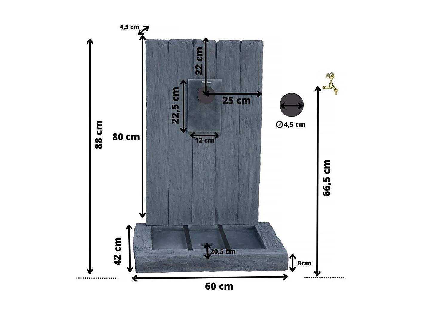 Fontaine "ARDOISE" - en pierre reconstituée - 59 x 44 x 87 cm - Gris