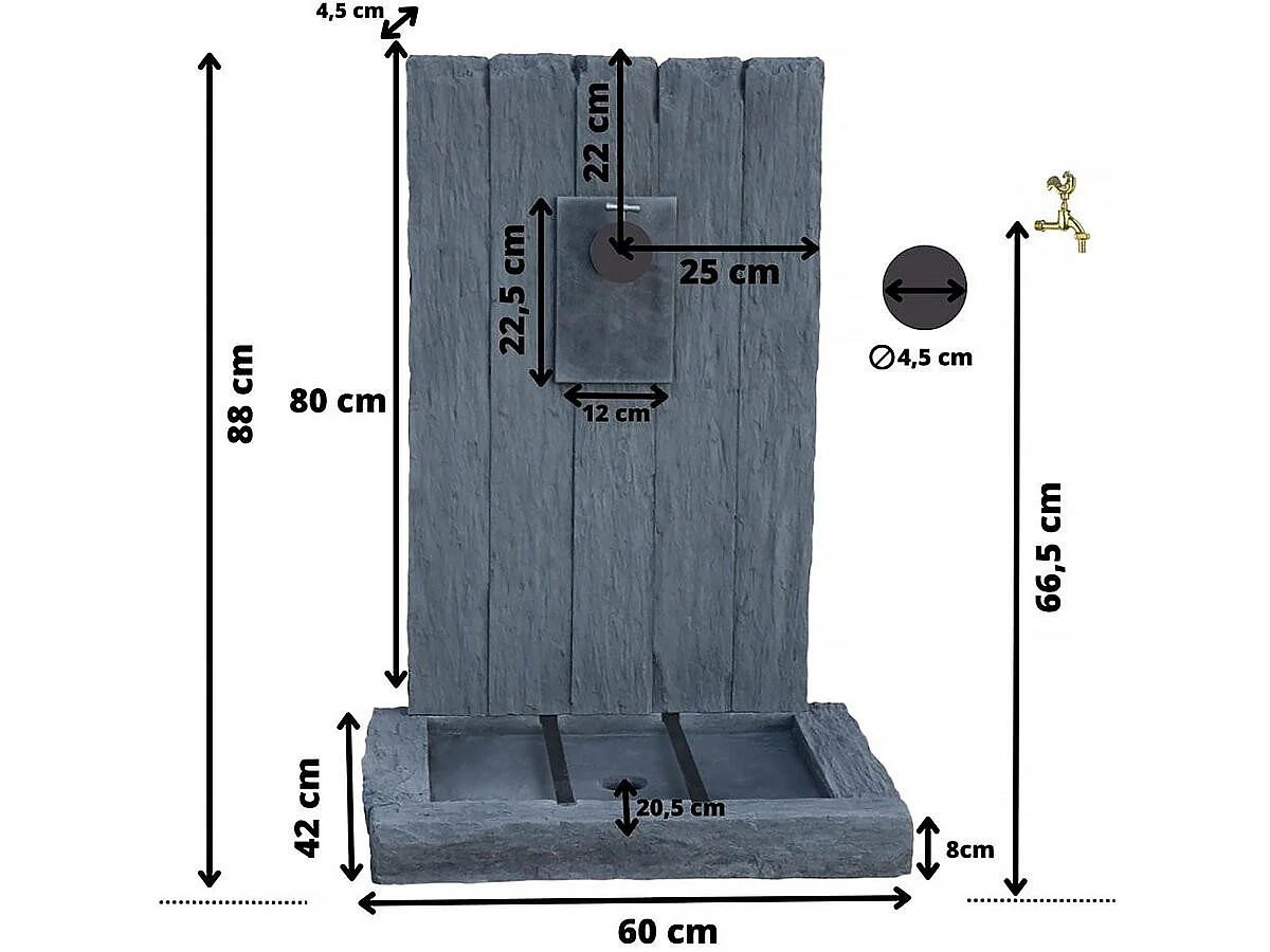 Fontaine "ARDOISE" - en pierre reconstituée - 59 x 44 x 87 cm - Gris