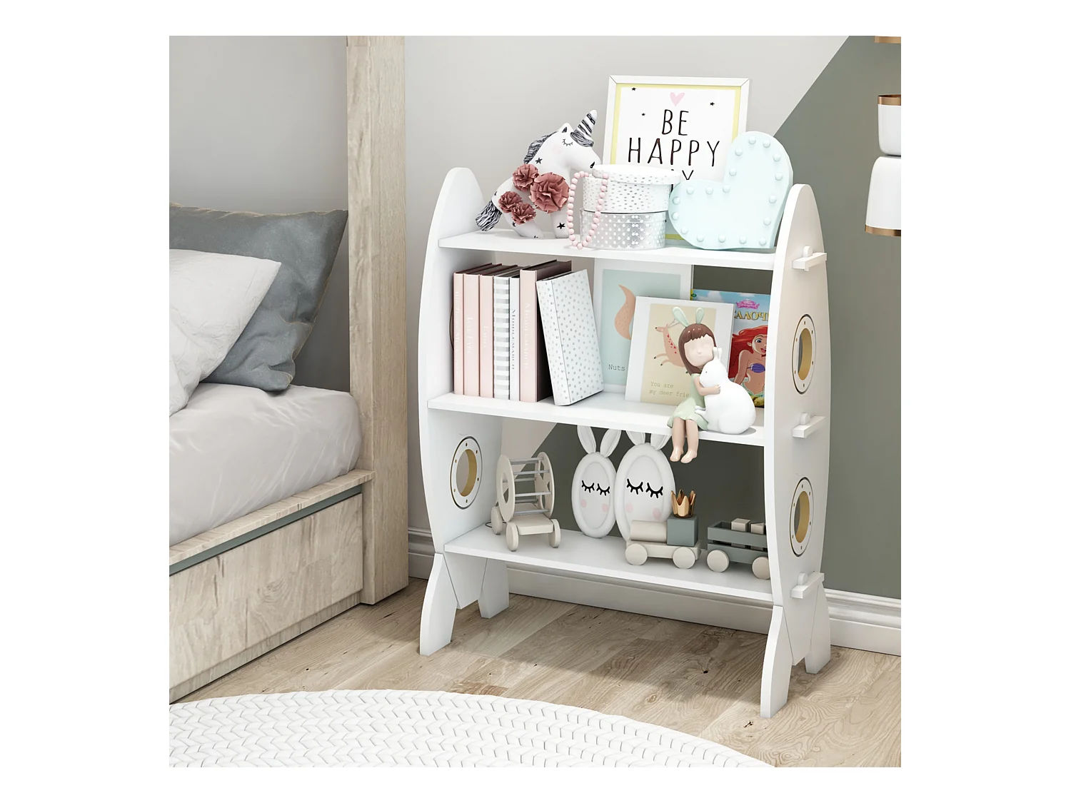 Biblothèque Tårnby pour enfant forme fusée 70 x 55 x 55 cm blanc [en.casa]