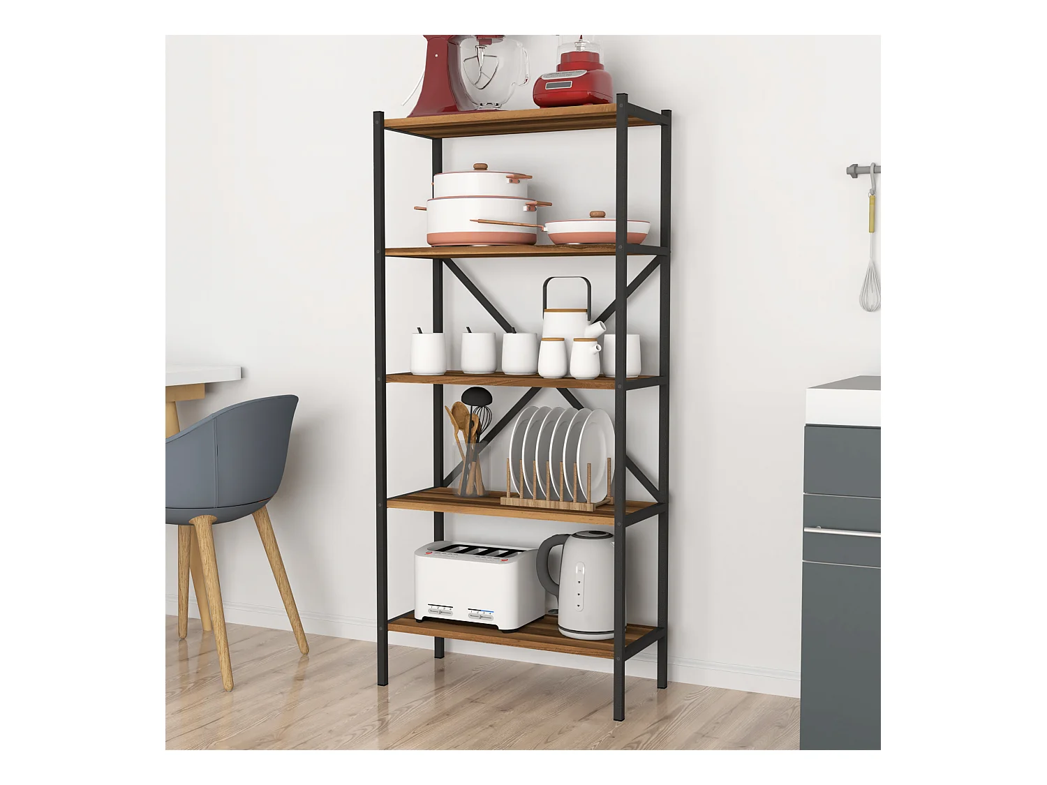 Étagère de cuisine Tomelilla à 5 niveaux 160 x 66 x 34 cm effet noyer / anthracite [en.casa]