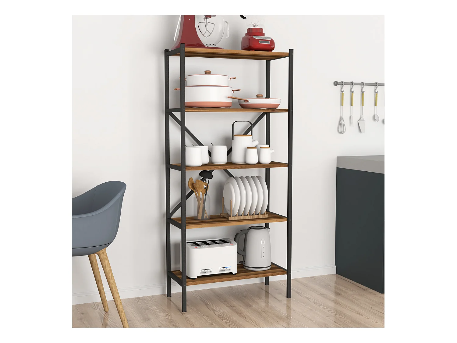 Étagère de cuisine Tomelilla à 5 niveaux 160 x 66 x 34 cm effet noyer / anthracite [en.casa]