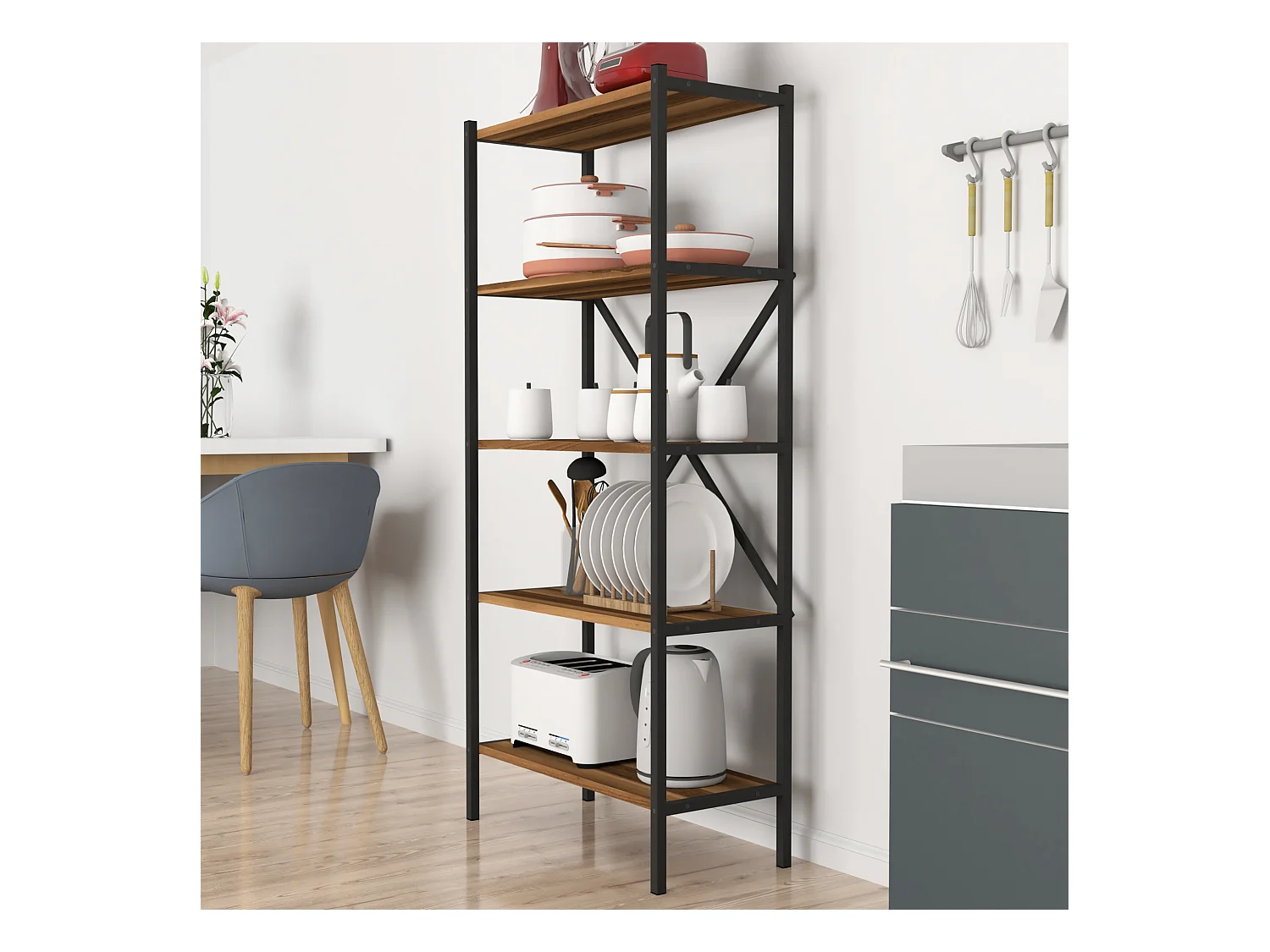 Étagère de cuisine Tomelilla à 5 niveaux 160 x 66 x 34 cm effet noyer / anthracite [en.casa]