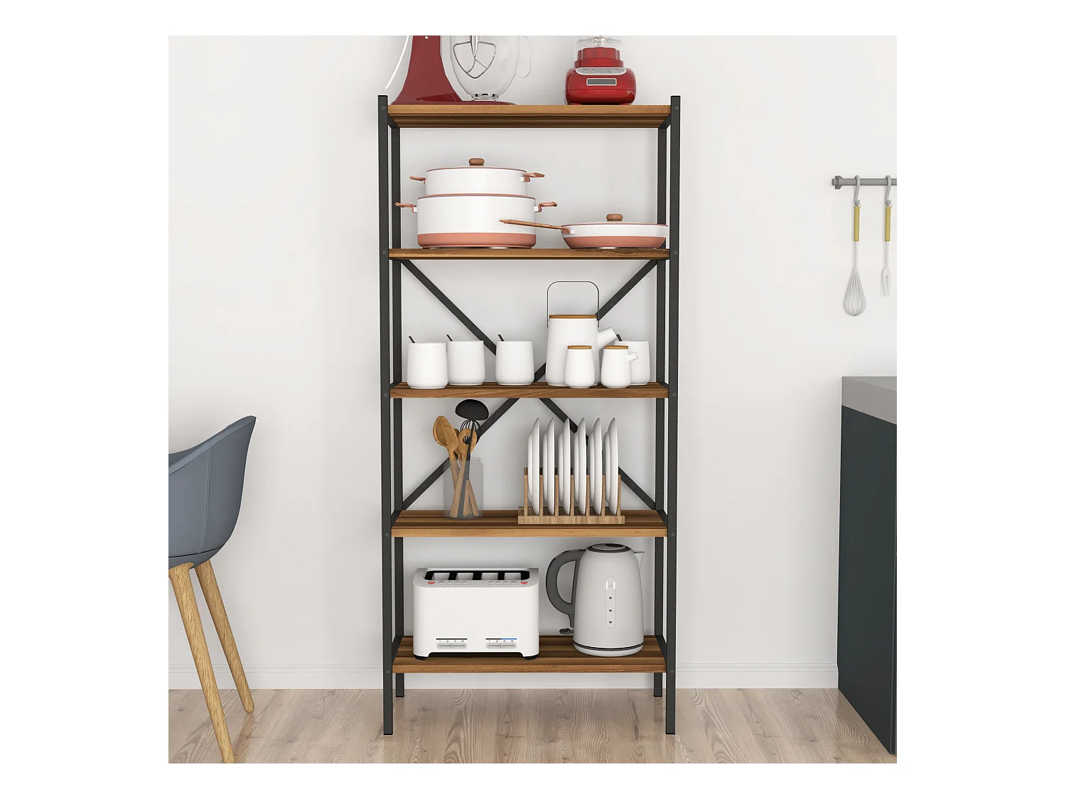 Étagère de cuisine Tomelilla à 5 niveaux 160 x 66 x 34 cm effet noyer / anthracite [en.casa]