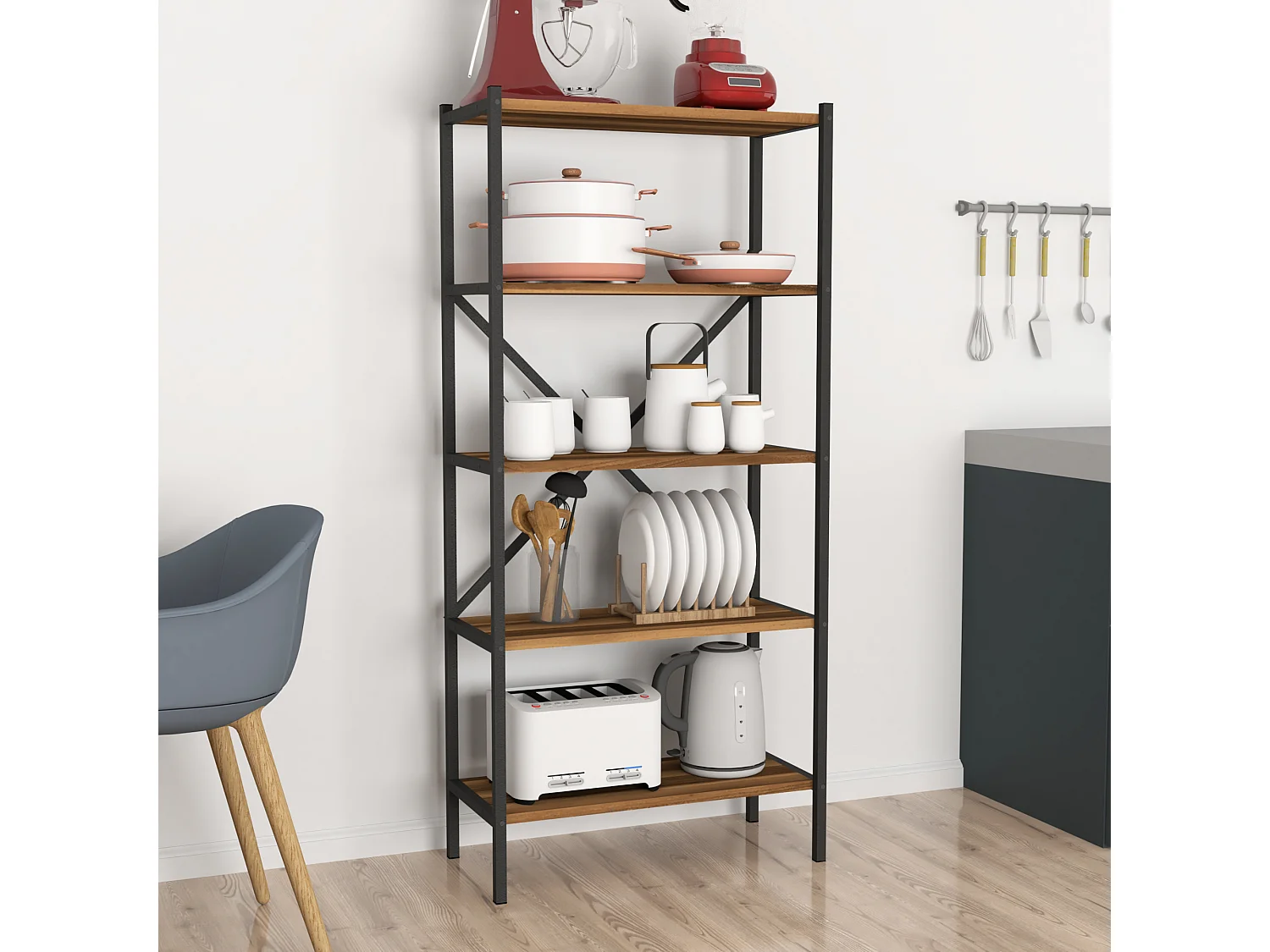 Étagère de cuisine Tomelilla à 5 niveaux 160 x 66 x 34 cm effet noyer / anthracite [en.casa]