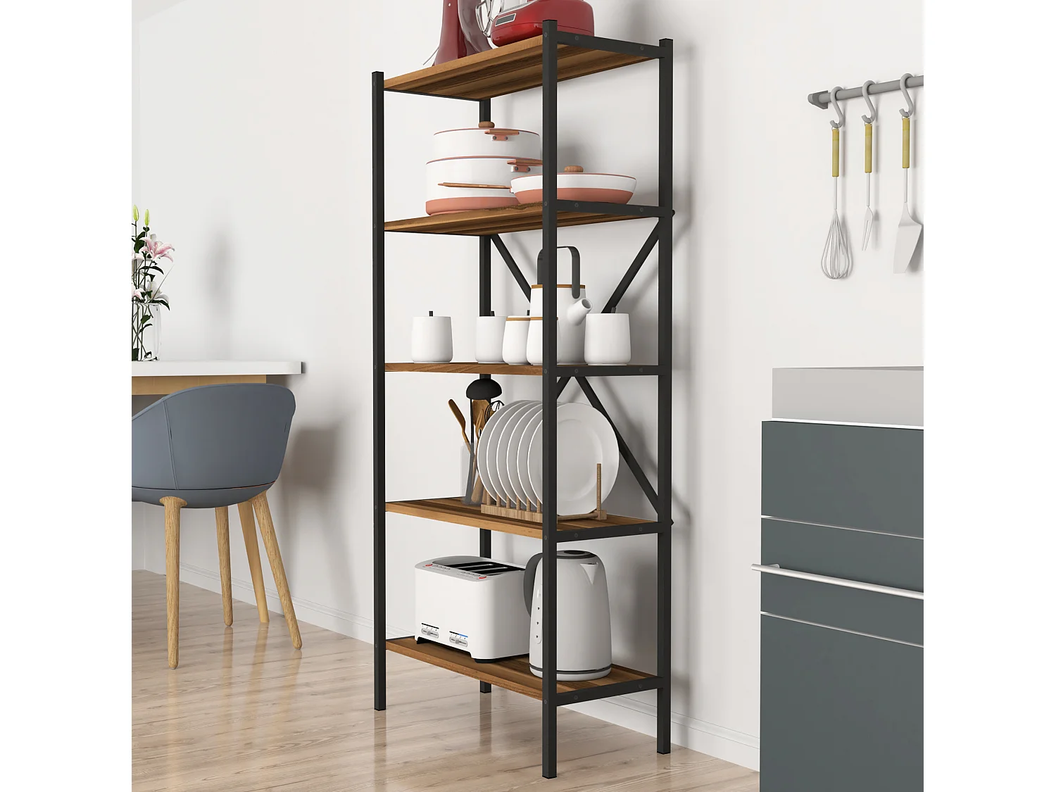 Étagère de cuisine Tomelilla à 5 niveaux 160 x 66 x 34 cm effet noyer / anthracite [en.casa]