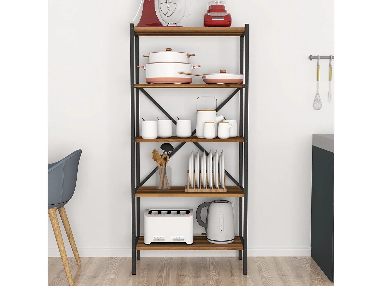 Étagère de cuisine Tomelilla à 5 niveaux 160 x 66 x 34 cm effet noyer / anthracite [en.casa]