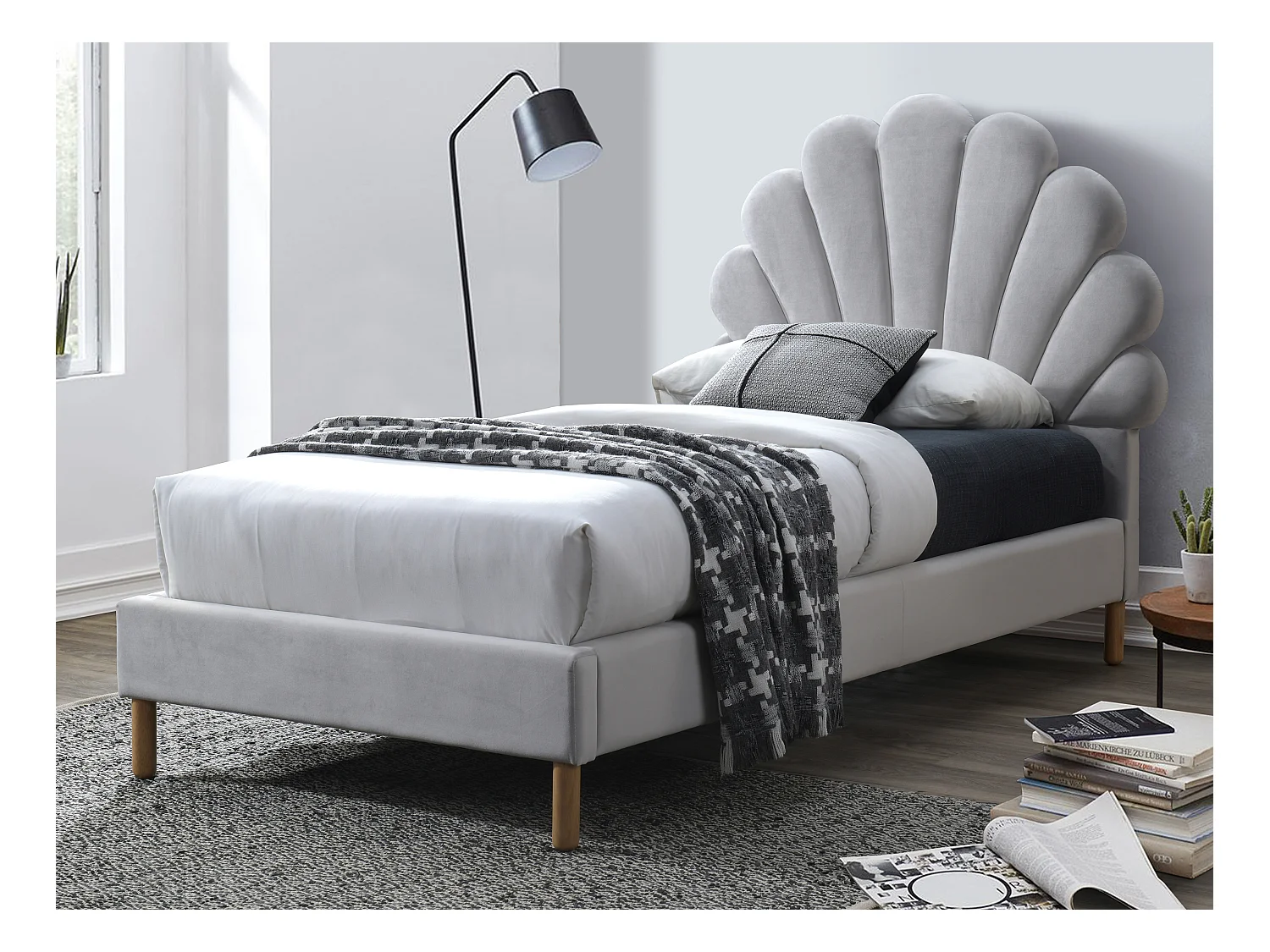 Muslingseseng 90 x 190 cm - Fløjlsskaller - Lysegrå - Lysegrå + Madras - MOANA