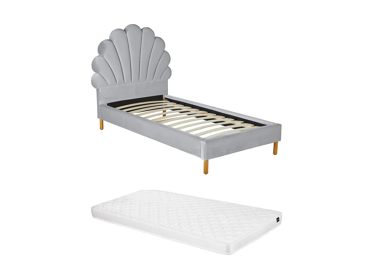 Lit coquillage 90 x 190 cm - Velours - Gris clair + Matelas - MOANA