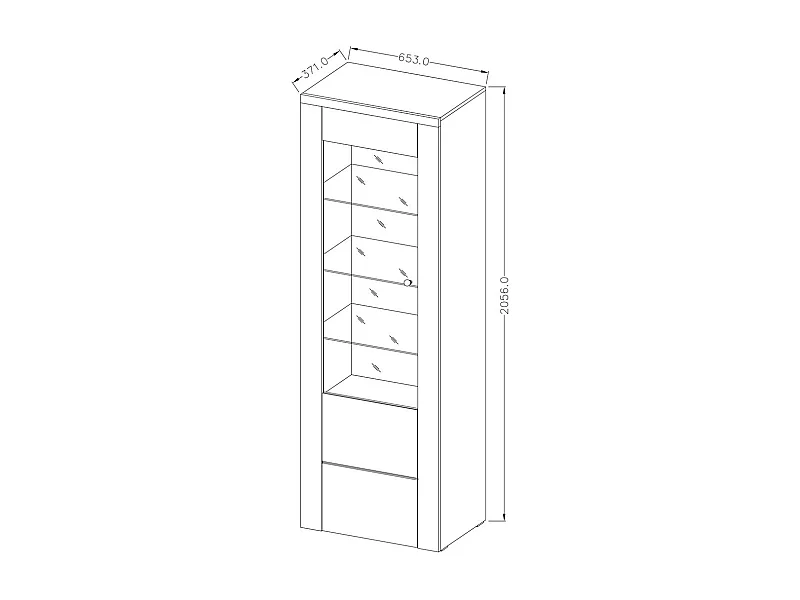 Vitrine haute design 1 porte avec éclairage LED collection SANTIAGO. Coloris chêne et noir effet bois.