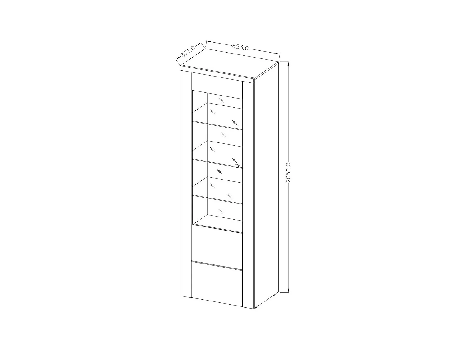 Vitrine haute design 1 porte avec éclairage LED collection SANTIAGO. Coloris chêne et noir effet bois.