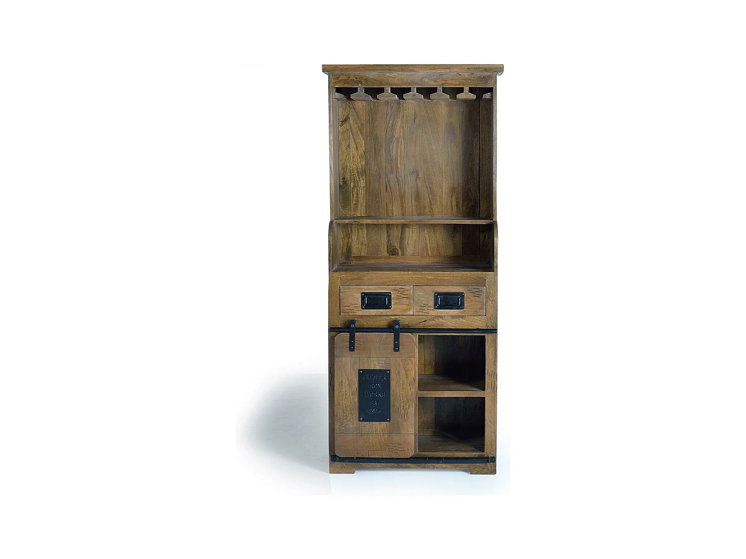 Stojak na butelki w stylu industrialnym z drewna mango i metalu