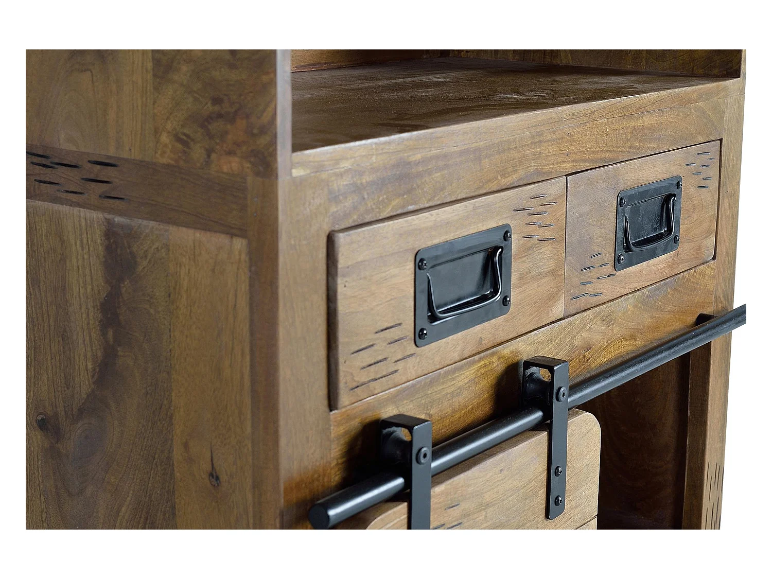 Stojak na butelki w stylu industrialnym z drewna mango i metalu