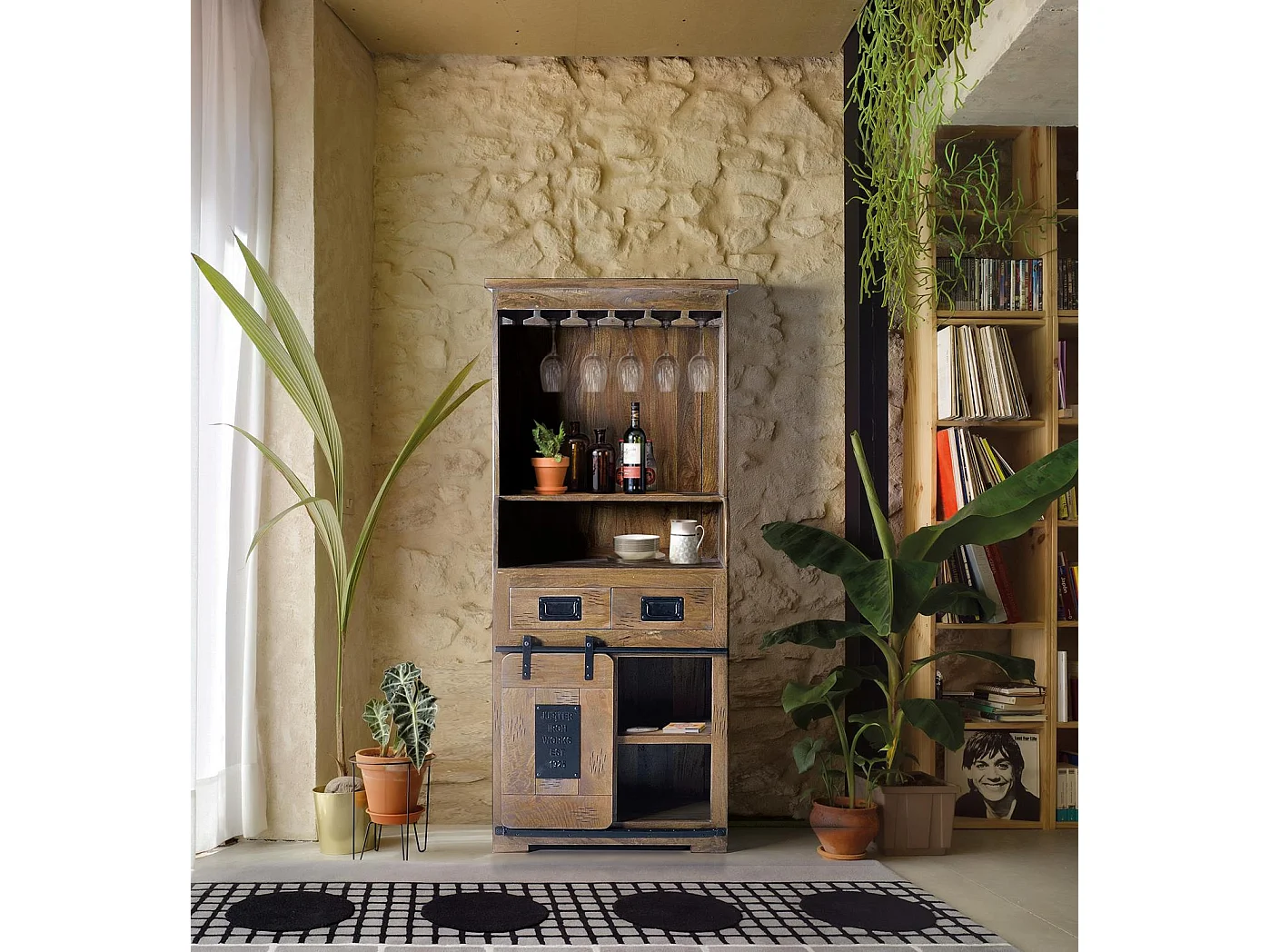 Porte-bouteilles en bois de manguier et metal