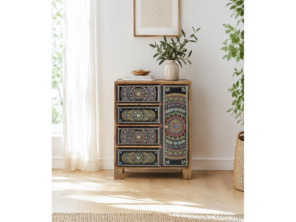 Tables de chevet en bois de manguier 45 cm, style ethnique artisanal - 60 x 45 x 30 cm