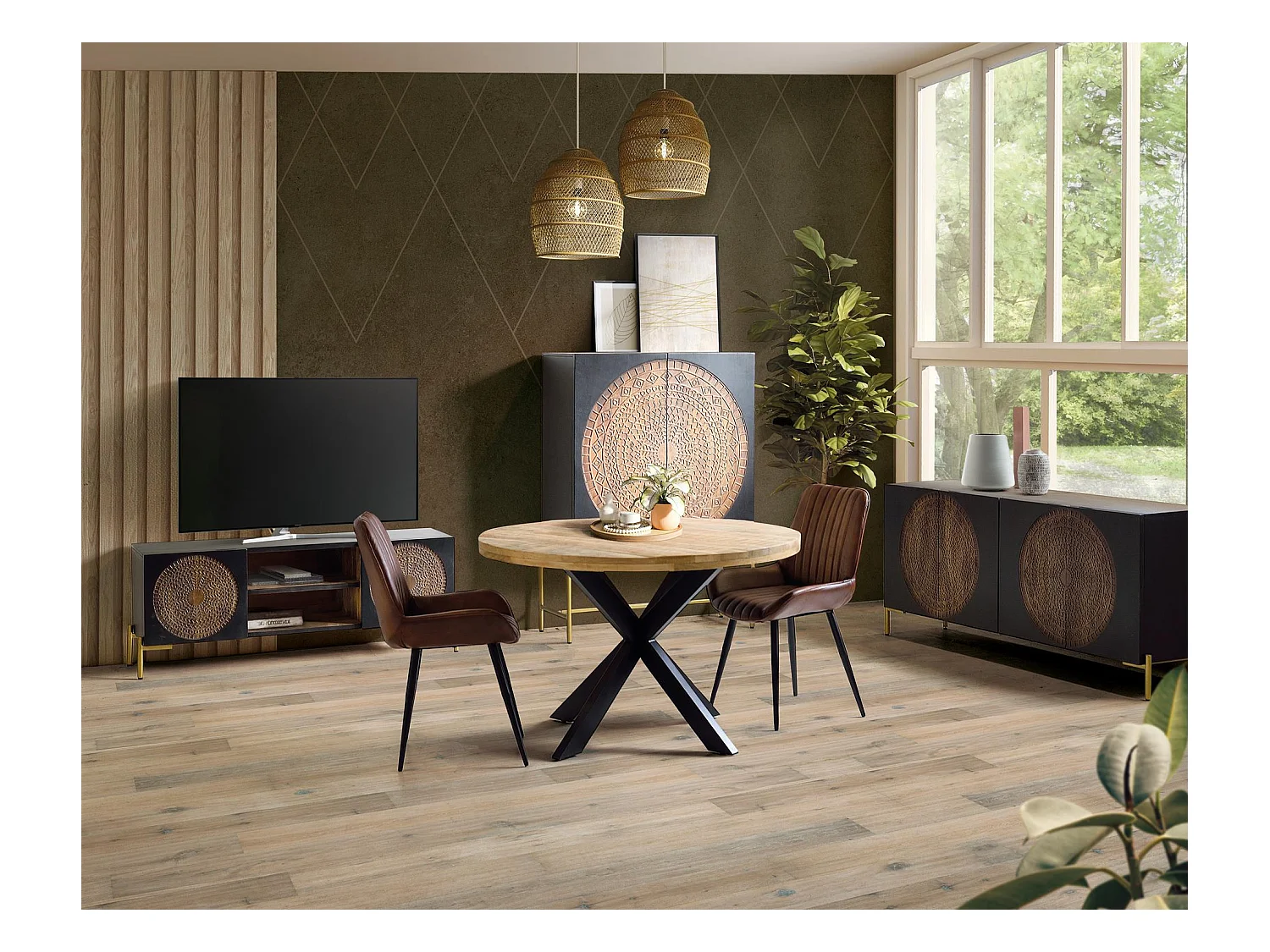 Table de salle à manger en bois d'acacia et métal