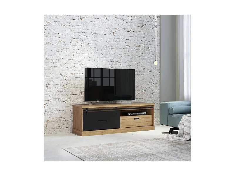 Meuble TV 1 tiroir 1 porte coulissante décor chêne et noir mat - FARM