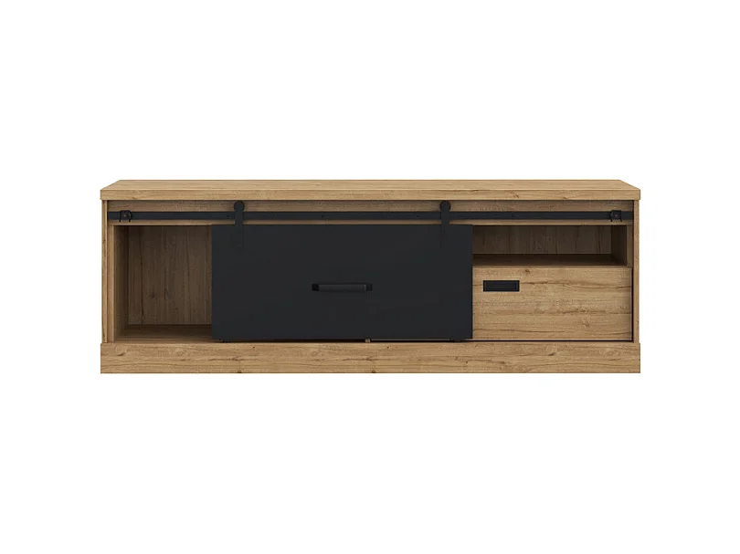 Meuble TV 1 tiroir 1 porte coulissante décor chêne et noir mat - FARM