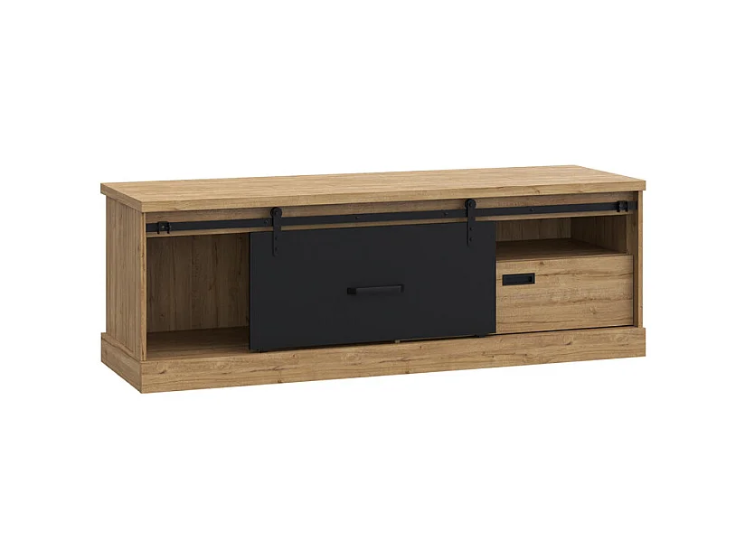 Meuble TV 1 tiroir 1 porte coulissante décor chêne et noir mat - FARM
