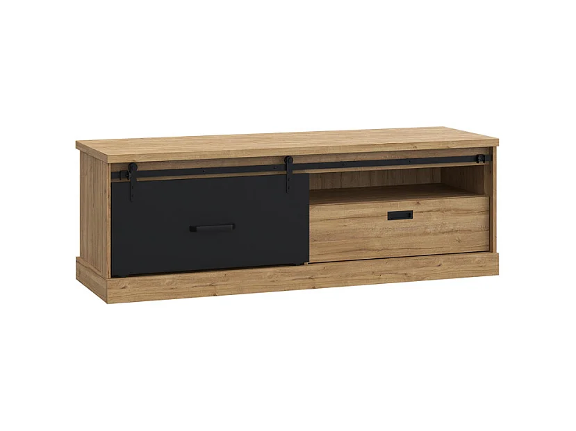 Meuble TV 1 tiroir 1 porte coulissante décor chêne et noir mat - FARM