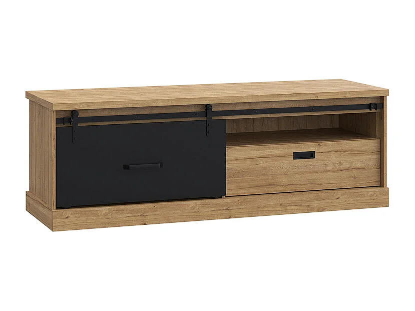 Meuble TV 1 tiroir 1 porte coulissante décor chêne et noir mat - FARM
