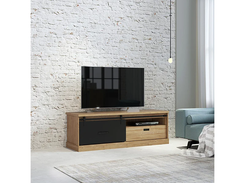 Meuble TV 1 tiroir 1 porte coulissante décor chêne et noir mat - FARM
