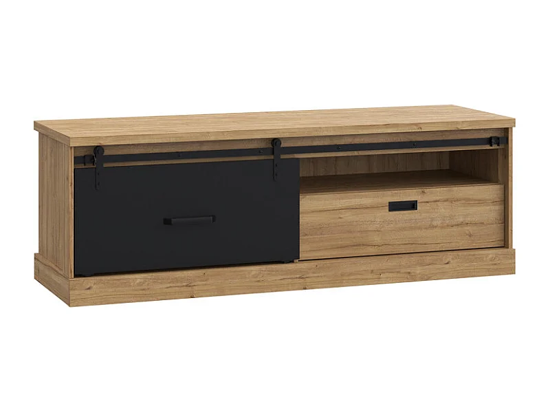 Meuble TV 1 tiroir 1 porte coulissante décor chêne et noir mat - FARM