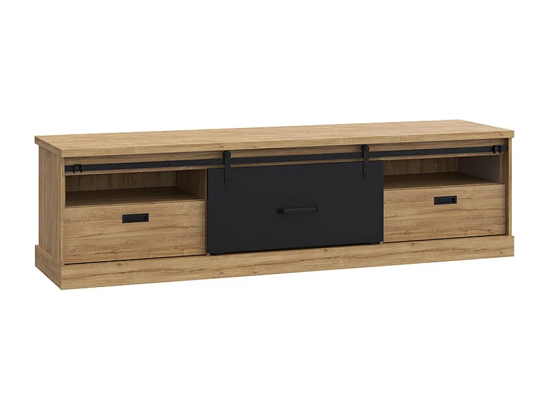 Meuble TV 2 tiroirs 1 porte coulissante décor chêne et noir mat - FARM