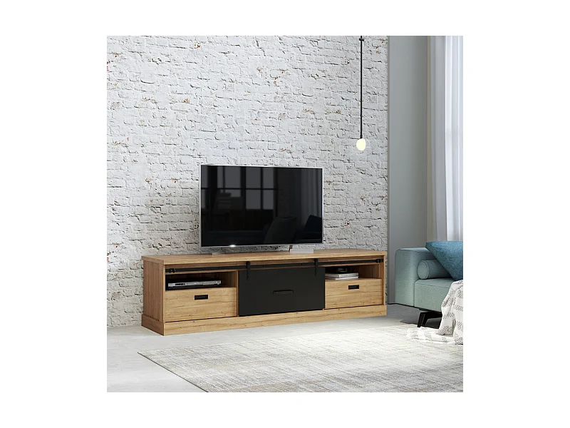 Meuble TV 2 tiroirs 1 porte coulissante décor chêne et noir mat - FARM
