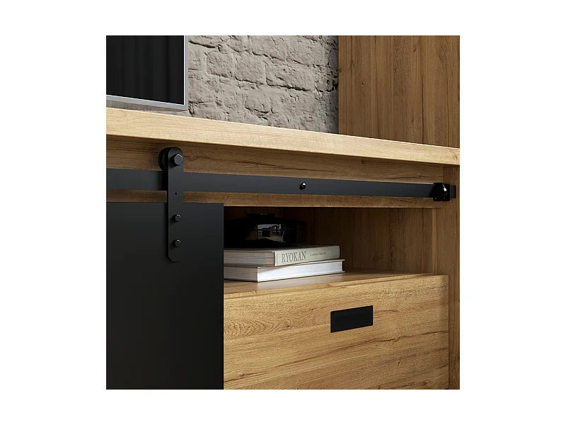 Meuble TV 2 tiroirs 1 porte coulissante décor chêne et noir mat - FARM