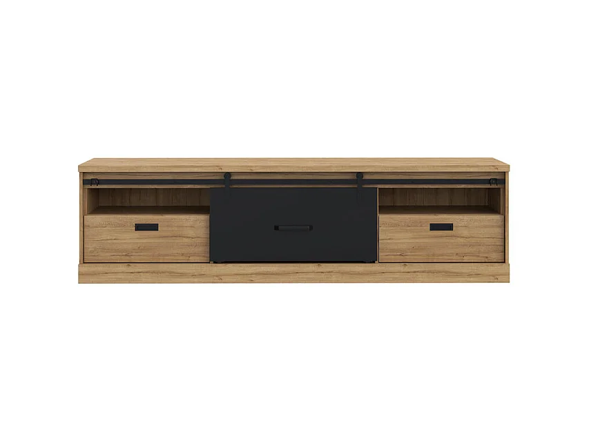 Meuble TV 2 tiroirs 1 porte coulissante décor chêne et noir mat - FARM