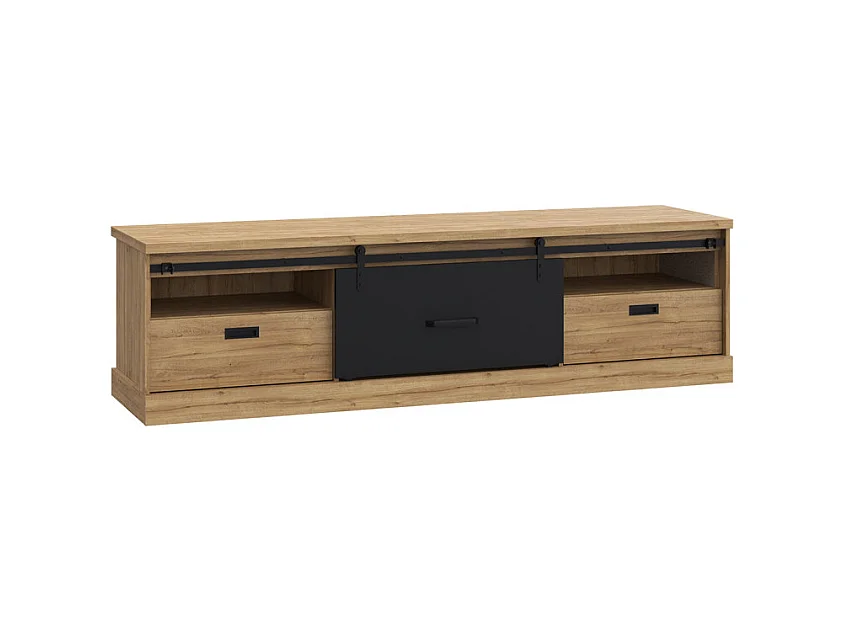 Meuble TV 2 tiroirs 1 porte coulissante décor chêne et noir mat - FARM