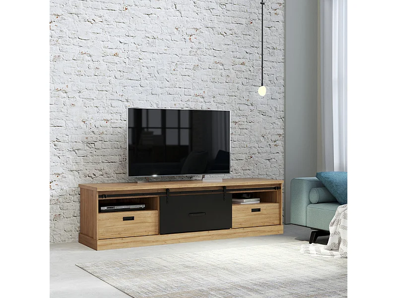 Meuble TV 2 tiroirs 1 porte coulissante décor chêne et noir mat - FARM