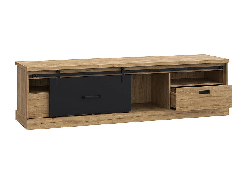 Meuble TV 2 tiroirs 1 porte coulissante décor chêne et noir mat - FARM