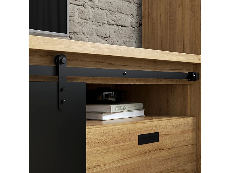 Meuble TV 2 tiroirs 1 porte coulissante décor chêne et noir mat - FARM