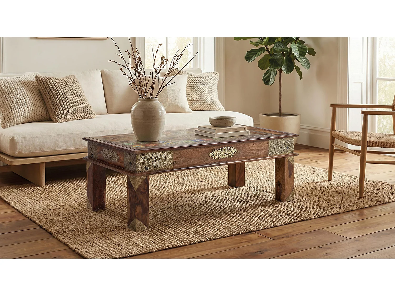 Tables basses en palissandre 120 cm, style ethnique artisanal - 45 x 120 x 60 cm