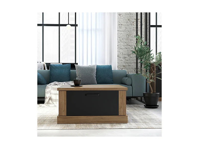 Table basse carrée 85 cm 2 tiroirs décor chêne et noir mat - FARM