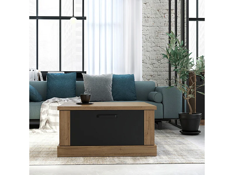 Table basse carrée 85 cm 2 tiroirs décor chêne et noir mat - FARM