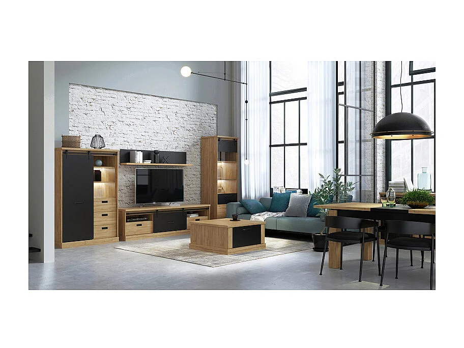 Table basse carrée 85 cm 2 tiroirs décor chêne et noir mat - FARM